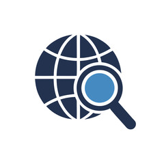 Globe with magnifying glass icon representing search and global business analysis