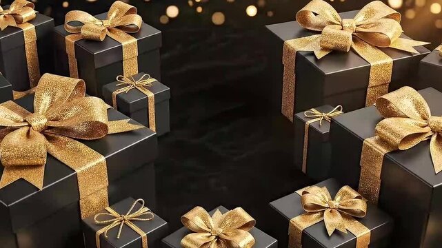 A luxurious array of black gift boxes, each meticulously adorned with a shimmering gold ribbon and bow, surrounds a dark, reflective central space. The presents vary in size, creating a rich and opule