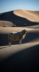 Sheep stands alone amidst vast, undulating sand dunes, sunlit