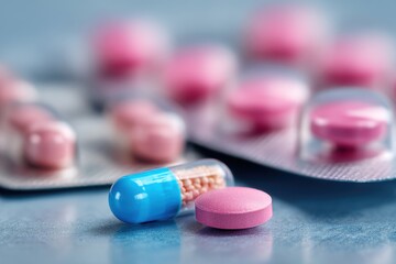 Variety of Medication: Capsules and Pills on Surface with Blister Pack, Highlighting Pharmaceutical Industry, Health, Treatment Options, and Healthcare Manufacturing with Detailed Capsule Design