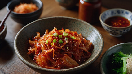 "A close-up of a traditional Korean kimchi dish — vibrant red and orange fermented napa cabbage with visible chili flakes, garlic, and green onions. The texture looks crunchy and juicy, 