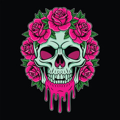 Fototapeta premium Gothic Pink Roses Adorn a Dripping Skull Emblem A Striking Artistic Illustration