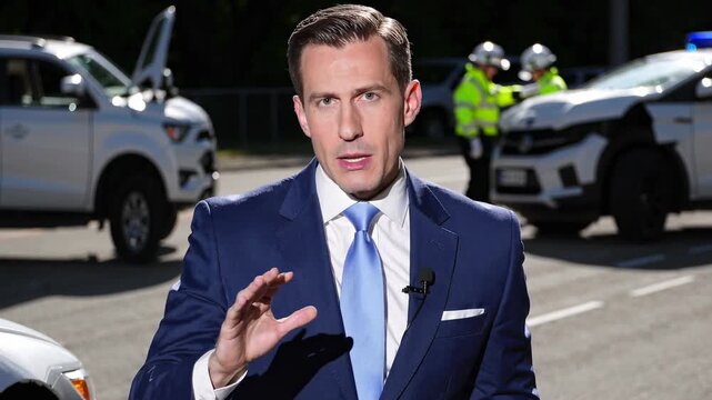 A news reporter in a blue suit speaks on camera, with a low-angle shot. Police and vehicles in the background suggest a live video report on an accident.