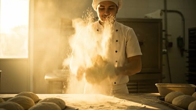 Traditional bakery worker preparing bread dough on table