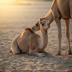 Camel resting in warm desert; another stands behind