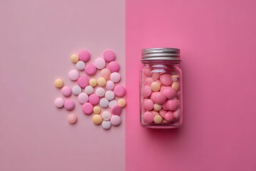 Pastel Pills in Jar A Pink and Yellow Harmony of Wellbeing  Nutritional Supplements and Medication on Two Toned Background