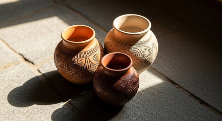 Three clay pots with etched patterns in sunlight on stone floor