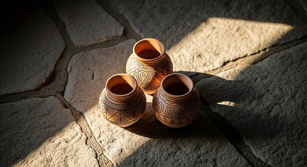 Three ornamented clay pots sit on stone floor bathed in sunlight