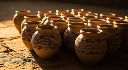 Terracotta Array: Handcrafted Vessels with Traditional Designs on Arid Surface