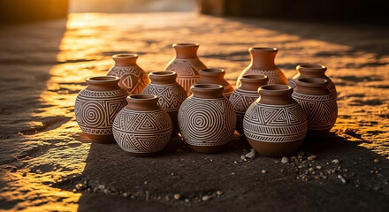 Collection of ethnic clay pots adorned with geometric patterns bathed in warm sunlight