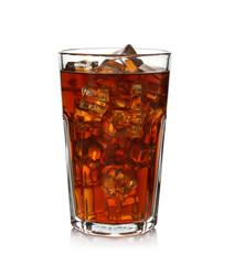 Tasty coffee with ice cubes in glass isolated on white