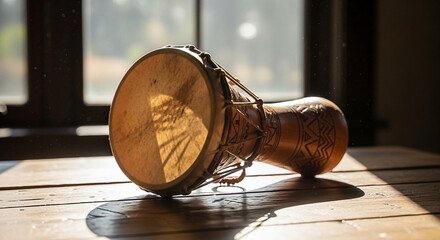 Djembe drum on wooden table, sunlit, carved pattern detail