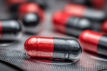 Macro Shot Black and Red Capsule Pills on Silver Blister Pack Medication Treatment Pharmaceuticals Antibiotics Tablets for Healthcare Pharmaceutical Industry