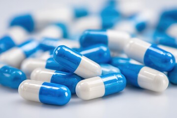 Blue and White Pill Capsules: Close-Up Medical Treatment Medication Pharmaceutics Antibiotics Health Care Remedy for Illness and Disease on Bright Background Macro Shot