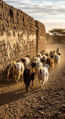 Goats walking by an old wall on a dusty path in the desert