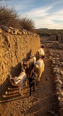 Goats walk along a dirt path beside a mud wall in the desert