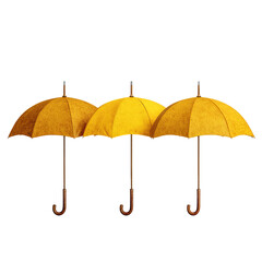 Three yellow brown umbrellas isolated on transparent background