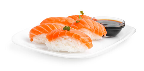 Delicious nigiri sushi with salmon, microgreens and soy sauce isolated on white