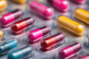 Assorted Colorful Capsule Pills in Blister Packs: Pharmaceutical Medication, Health Care Treatment for Disease, Dosage of Antibiotics, Medical Remedy Sealed on Silver Foil Close-Up
