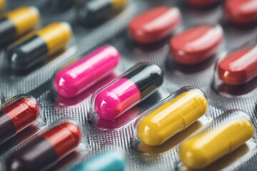 Colorful Medicine Capsules Close-up in Blister Pack A Variety of Pharmaceutical Drugs for Treating Illness Health and Wellness Concept Bright Yellow Red Pink and Black Gel Caplets on Gray Foil