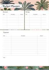Printable, tropical-themed budget planner design, a5 paper size, vector design