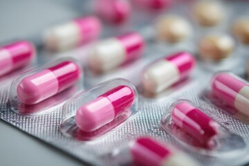 Pink and White Medicine Capsules Stacked in Blister Pack Medical Treatment Pharmaceutical Drugs Health and Wellness Clinical Aid and Recovery Supplements Pills for Immune Support