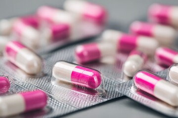 Medical Treatment with Pink and White Capsules Close-up View Medicine in Blister Packs Pharmaceutical Drugs for Healing Health and Wellness Capsules Medication Pills on Grayish Background
