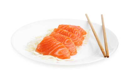 Fresh salmon sashimi with sliced radish and chopsticks isolated on white