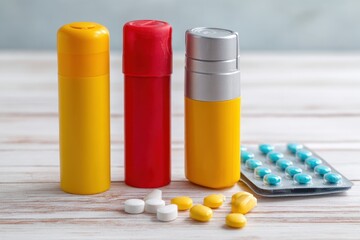 Assorted Medication Still Life Composition Featuring Colored Pill Containers and Blister Pack on Wooden Tabletop