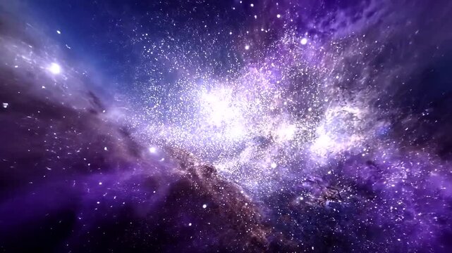 Vibrant purple-blue cosmic landscape with bright central star cluster and nebulae