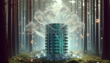 Neural Canopy: A Futuristic Data Tower with Glowing Data Spores and Crystalline Fiber Optic Branch Networks