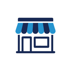 Simple storefront icon with awning and windows, business retail building outline
