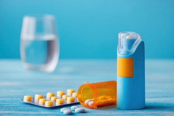 Medical Still Life Featuring Medicines, Sprays and Pills on a Turquoise Surface with a Glass of Water, Promoting Healthcare and Wellbeing for Disease Prevention