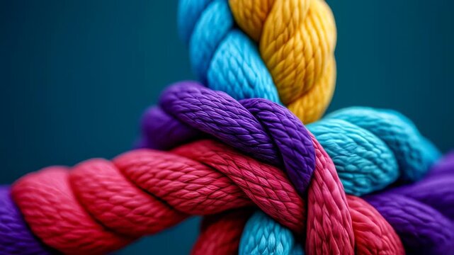 Intricate knot of vibrant, braided rope featuring a stunning arrangement of colorful strands on a