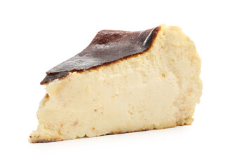 Piece of tasty Basque cheesecake isolated on white