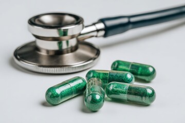 Green Capsules and Stethoscope: Representing Healthcare and Modern Medicine with a Focus on Medical Equipment and Drug Prescription for Patient Treatment