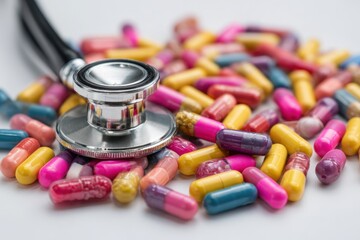 Healthcare Stethoscope and Pills Close-up Pharmaceutical Industry Capsules Multicolor Modern Medicine Antibiotics Research Treatment Doctor Professional Healthcare Professional