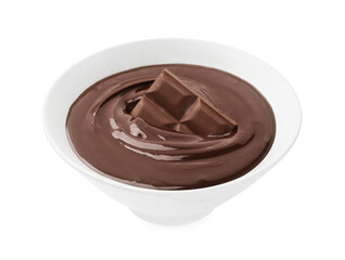 Bowl with melted chocolate and piece of bar isolated on white