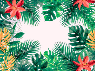 Naklejka premium Vibrant Tropical Leaves and Flowers Background 