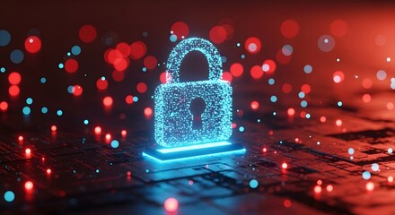 Digital padlock symbol glowing with futuristic blue light against a dark background filled with red and blue bokeh lights, representing cybersecurity and data protection.