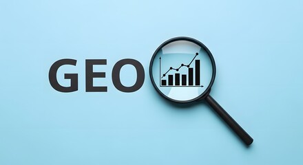 Discovering business growth strategies with a magnifying glass over a rising bar chart and the word GEO