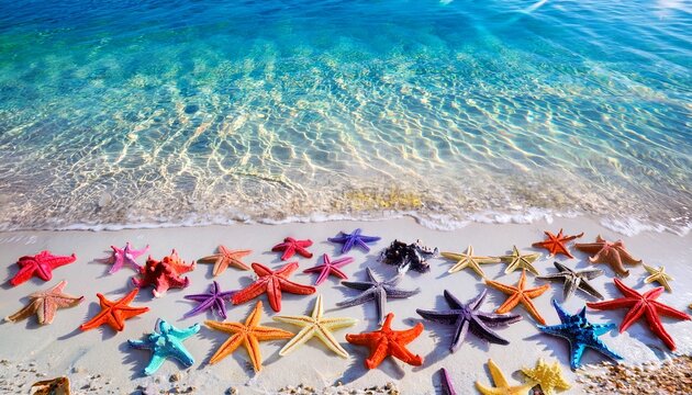 colorful starfish scattered on sandy ocean floor with shimmering water reflections