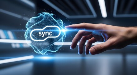 Modern businessman's hand activates glowing digital sync icon in futuristic interface, symbolizing connection and data integration for business success