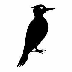 A simple black silhouette depicting a woodpecker perched against a white background