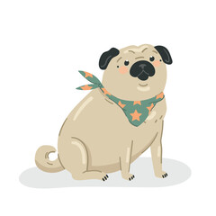 An adorable cartoon pug wearing a bandana. Flat vector illustration on a white background.