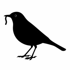Silhouette of a bird with a worm in its beak against white backdrop