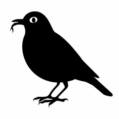 Silhouette of a bird with a worm in its beak, feeding time