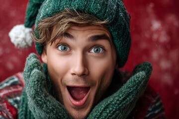 Young man feeling surprised and excited for christmas