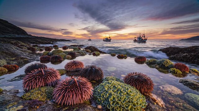Coastal sea urchins at sunset colorful marine life and ocean scenery