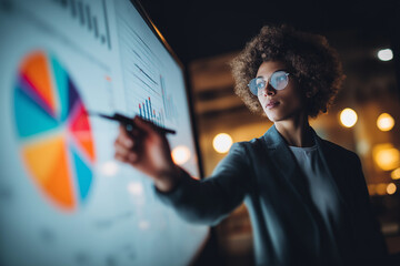 A confident businesswoman presenting data on a large screen in meeting room at modern office